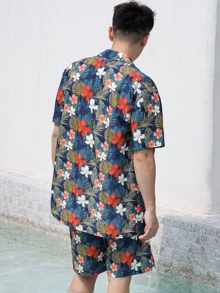 Men Floral Print Summer Vacation Shirt & Shorts Two Pieces Outfit