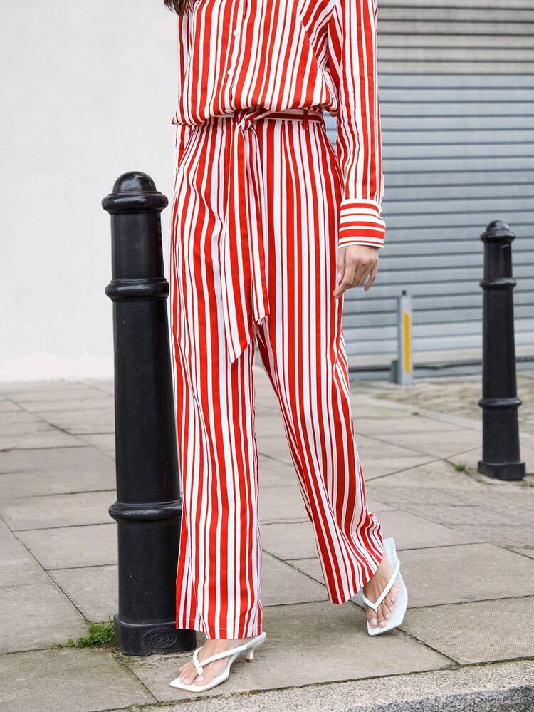 Women Casual Red And White Striped Printed Minimalist Daily Wear Long Pants With Self Fabric Belt Fall