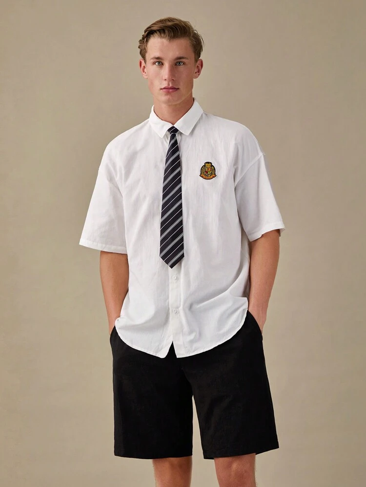 Men Summer Leisure Patched Short Sleeve Shirt & Solid Color Shorts Set,Back To School