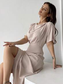 SHEIN Privé Plus Size Elegant Waist Pleated Mid-Length Slim Fit A-Line Short Sleeve Dress - Apricot - View 5