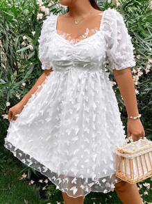 Sunnyshic Plus Size Mùa Hè Lãng Mạn Bướm Đính Lưới Người Yêu Cổ Áo Đầm Tay Ngắn - trắng - Xem 5