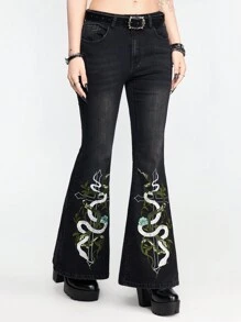 ROMWE Summer Gothic Dark Snake & Cross Embroidery Women's Flared Jeans - Black - View 3