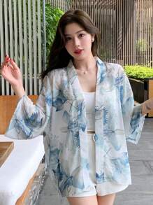 DAZY Áo khoác Kimono in họa tiết chiffon giải trí cho nữ mùa hè - Màu xanh lam - Xem 1