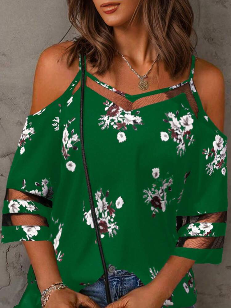 Women Summer Vacation Casual Floral Printed Mesh Contrast Off-Shoulder Tank Top