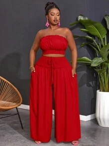 Slaydiva Plus Size Holiday Casual Solid Color Bandeau Top & Wide Leg Pants Set,Holiday Outfits - Red - View 1