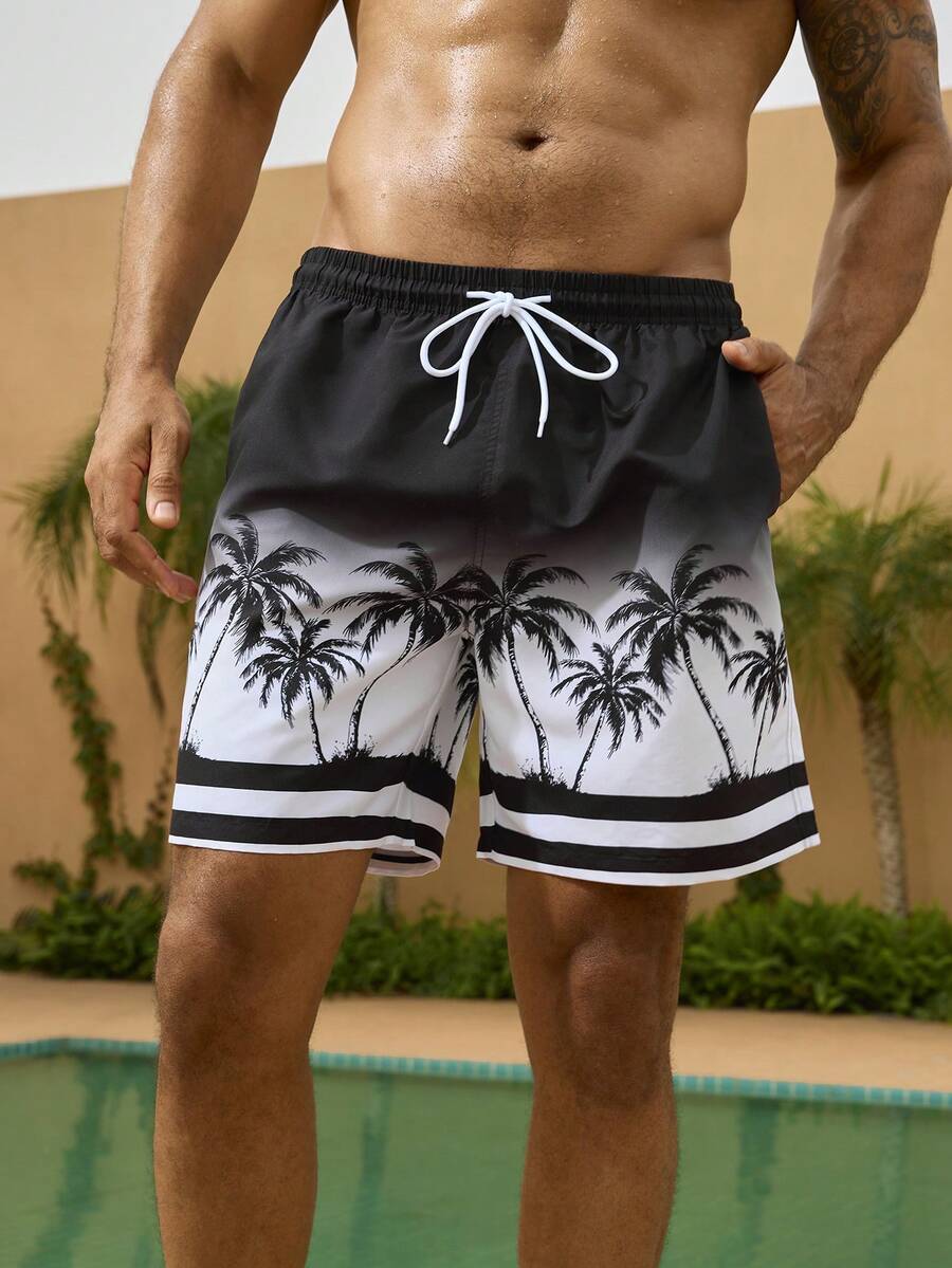 Manfinity Swimmode 加大码男士棕榈树印花抽绳腰带沙滩短裤 - 黑與白 - 查看 1