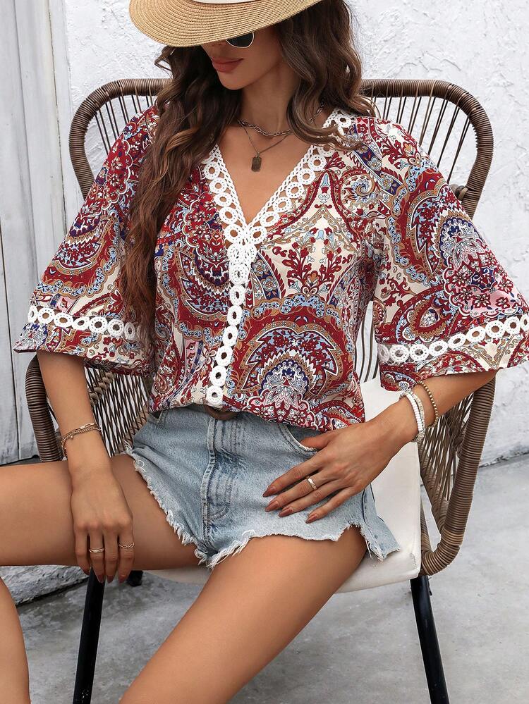Bohemian Style 3/4 Sleeve Women's Shirt For Beach Holiday, Casual Wear Or Mother's Day In Summer