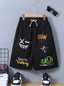 Short d'impression de Streetwear de lettre de visage de sourire de garçon adolescent, approprié à la planche à roulettes - Noir - Voir 1