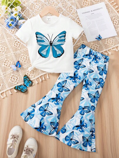 SHEIN Young Girl Butterfly Printed Short Sleeve T-Shirt And Flare Pants Set, Summer