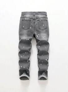 Teen Boy Grey Ripped Printed Patch Stretch Tapered Jeans With Rolled-Up Hem - Grey - View 2