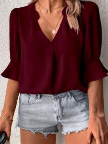 SHEIN Clasi Plus Size Spring/Summer Casual Solid Color Blouse With Notched Collar - Burgundy - View 4
