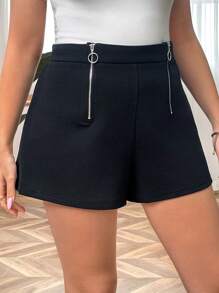 SHEIN Clasi Plus Size Women Fashionable Decorative Zipper Black Shorts
