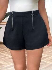 SHEIN Clasi Plus Size Women Fashionable Decorative Zipper Black Shorts
