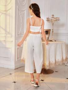 Tween Girls 2-Piece White Outfit With Big Flower Decoration Pants Matching Set - White - View 2