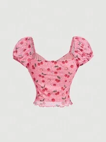 SHEIN MOD Knitted Pink Cherry Printed T-Shirt With Ruffled Detail On The Chest For Summer - Pink - View 2