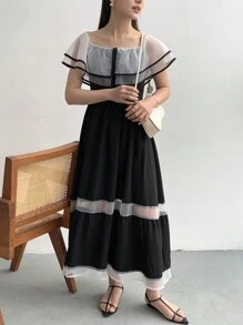 FRIFUL Đầm maxi thời trang nữ thiết kế lưới tương phản. - màu đen - Xem 3