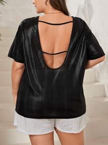 SHEIN Essnce Plus Size Glossy Coated Open Back V-Neck T-Shirt