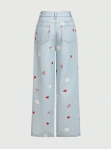 ROMWE Kawaii Women's Cute Style Denim Jeans With Strawberry, Flower, And Bowknot Printed Pattern - Light Wash - View 2