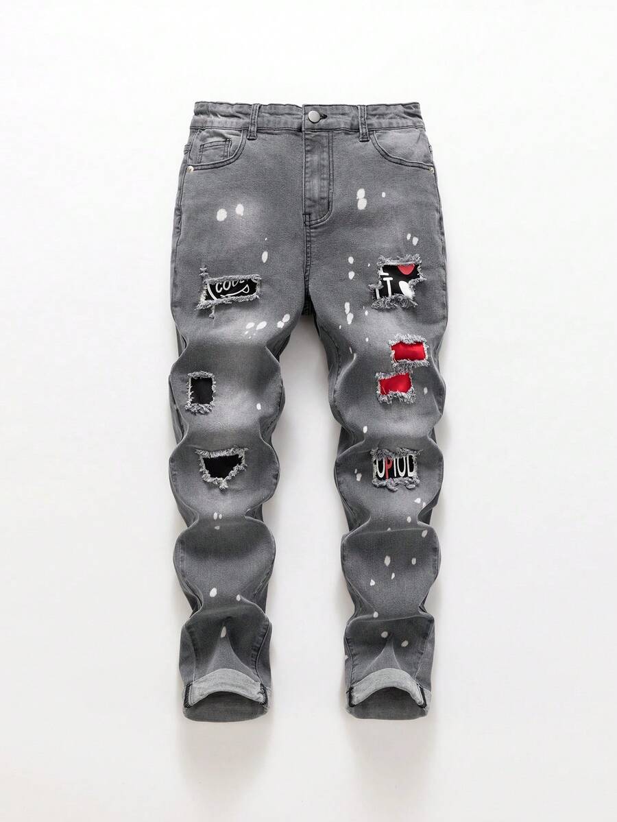 Teen Boy Grey Ripped Printed Patch Stretch Tapered Jeans With Rolled-Up Hem - Grey - View 1