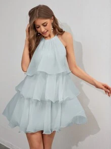 Firerie Elegant Solid Color Layered Hem Halterneck Dress For Summer - Baby Blue - View 4