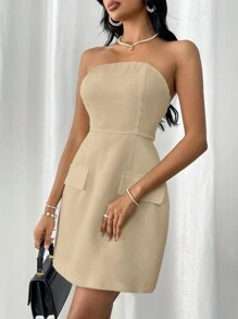 SHEIN Privé Vestido de verano informal de unicolor, sin mangas, con línea A, sin tirantes y cintura ceñida