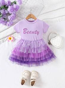 SHEIN Elegante vestido de varias capas con dobladillo de malla degradado y gráfico de letras para bebé niña, perfecto para primavera y verano - Morado - Ver 1