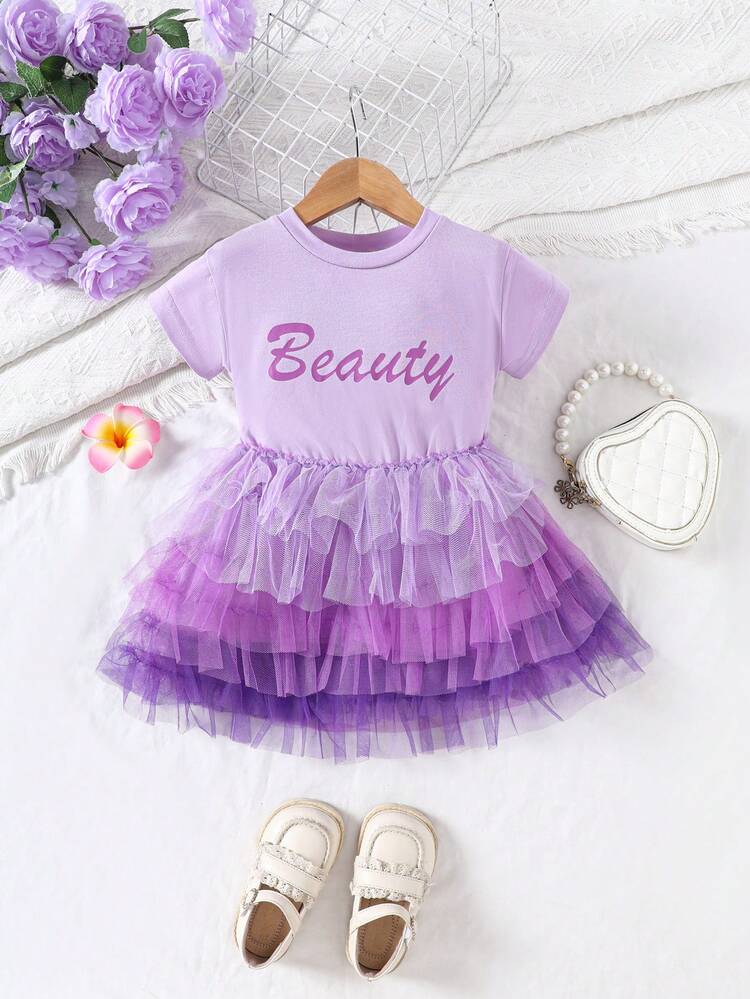 Baby Girl Elegant Multilayer Gradient Mesh Hem Dress With Letter Graphic, Perfect For Spring And Summer