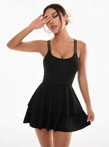 SHEIN Sports Rochie atletică, salopetă sport, cu bretele încrucișate, culoare uni, pentru femei