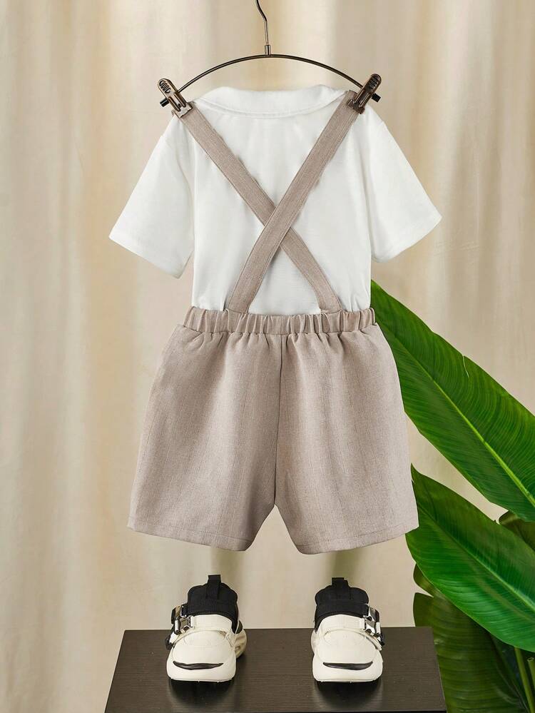 Young Boy Matching Elegant Peter Pan Collar Short Sleeve Shirt With Braces Shorts Set