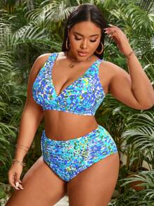 SHEIN Swim Curve Summer Beach Plus Size Women Fashionable Swimming Suit Bikini Set With Random Print