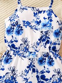 SHEIN Young Girl Floral Printed Cinching Waist Romper For Vacation And Leisure