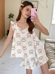 DAZY Cute Cartoon All Over Print Square Neck Camisole Top With Ruffle Trimmed Straps And Shorts Pajama Set