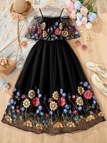 Tween Girls' Ruffle Double-Sided Embroidery Dress - Black - View 4