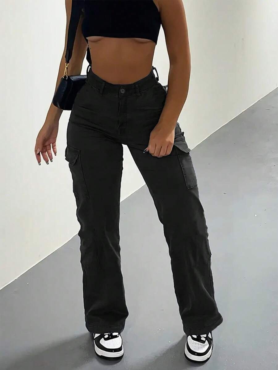 Zolique Pantalones Largos Sólidos De Bolsillo Con Solapa Para Mujeres - Negro - Ver 1