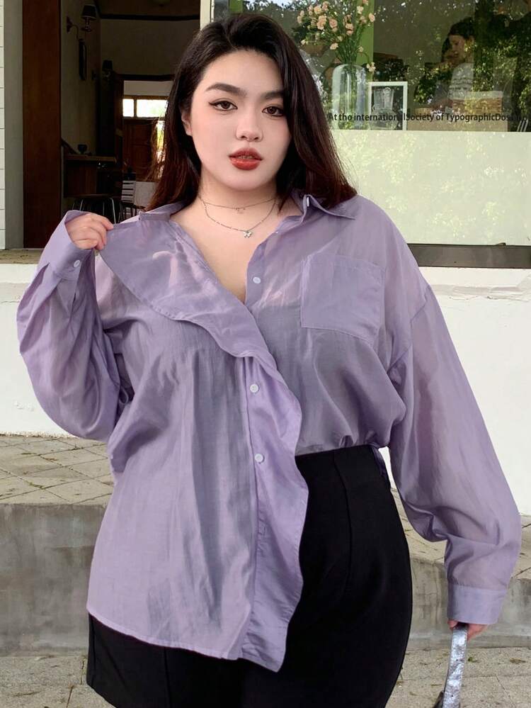 Dazy Plus Plus Size Spring/Summer Casual Loose Fit Sheer Open Front Blouse In Solid Color,Fall Women Clothes Long Sleeve Top