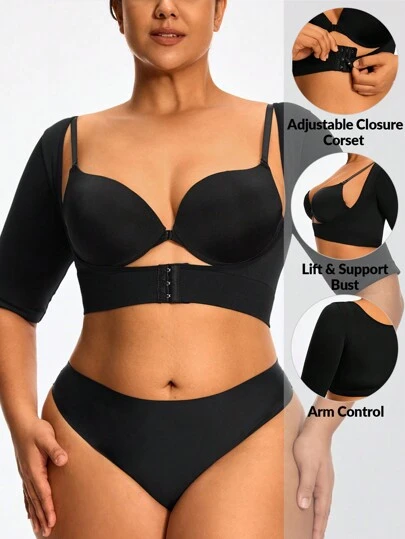 SHAPORA 大尺碼女士純色前開口塑身短袖胸衣上衣