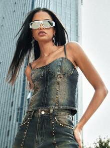 Forever 21 Vintage Summer Tight-Fitting Denim Cami Top With Metal Studs And Beads Embellishment - Blue - View 1