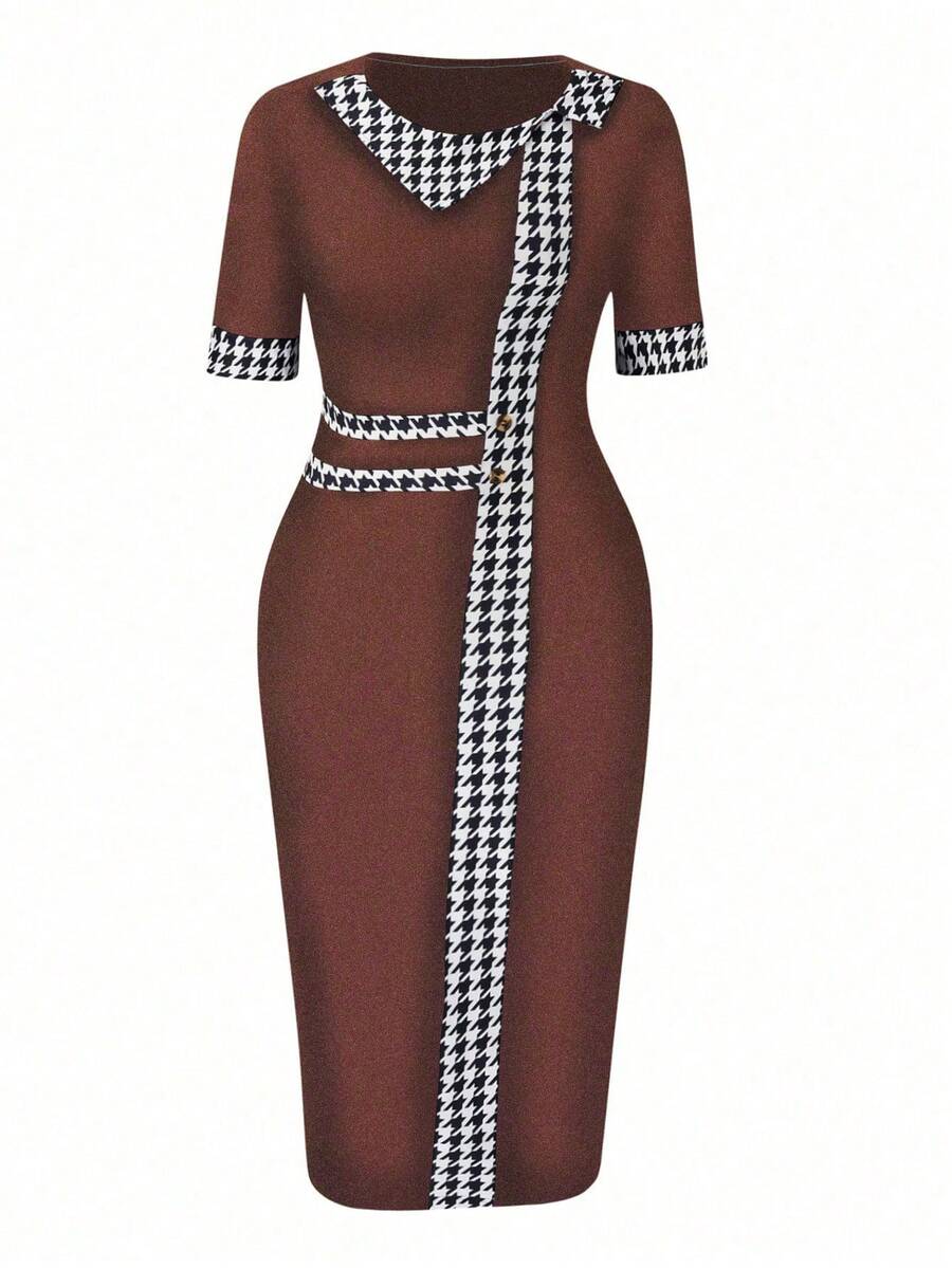 EMERY ROSE 大尺碼圓領印花休閒裙-獵犬牙 - 酒紅色 - 查看 1