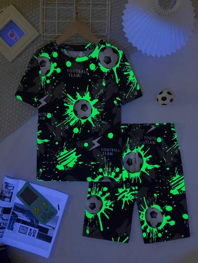 SHEIN 青少年男孩緊身足球圖案圓領短袖針織舒適睡衣套裝