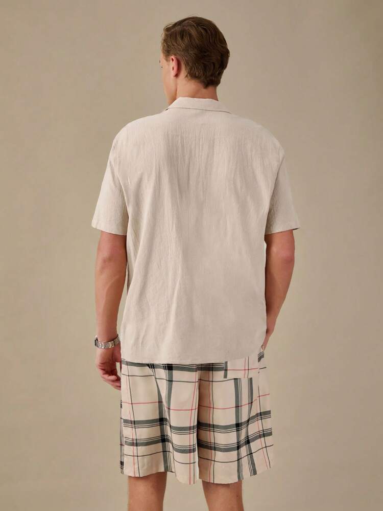 Men Summer Casual Patchwork Short Sleeve Shirt & Plaid Shorts Set,Back To School