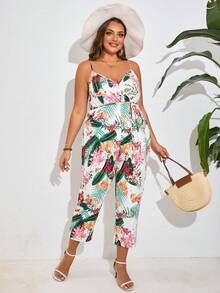 SHEIN Frenchy Bộ áo liền quần mùa hè in hoa màu xanh lá cây boho cỡ lớn dành cho nữ - Nhiều màu - Xem 4