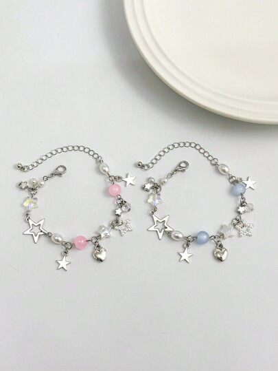 Kawaii 2pcs Stylish And Lovely Star Shaped Pendant Pearl & Crystal Chain Bracelet Set For Women, Suitable For Summer And Daily Wear, Friends Or Couples Gift