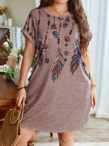 SHEIN LUNE Plus Size Round Neck Feather Print Casual Batwing Sleeve Dress For Summer - Multicolor - View 4
