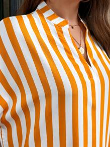 SHEIN LUNE 大尺碼假日休閒色塊條紋洋裝，帶凹口領口，蝙蝠袖 - 橘色 - 查看 5