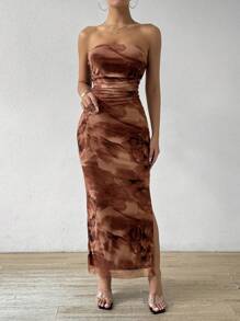 Calvaya Women Sexy Flower Print Pleated Slim Fit Bandeau Dress With Side Slit For Summer Maxi Women Outfit