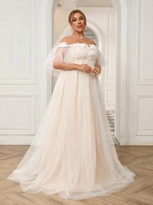 SHEIN Belle Plus Size lệch vai Váy cưới chữ A ren hoa 3D đính cườm nặng - trắng - Xem 7