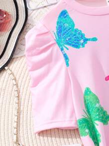 Teen Girl Fashionable Butterfly Printed Short Sleeve Top And Shorts Set - Pink - View 4