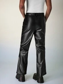 FeverCity Men Fashionable Flared Pu Leather Pants Summer Casual Daily Straight Leg Long Flare Plain Black Going Out - Black - View 2