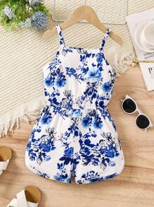 SHEIN Young Girl Floral Printed Cinching Waist Romper For Vacation And Leisure