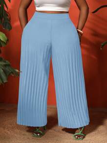 Slaydiva Women Plus Size Pleated Wide Leg Solid Color Daily Wear Trousers